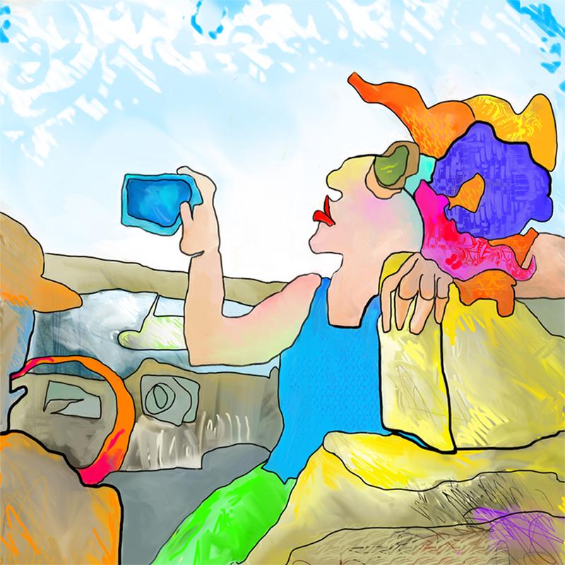 A digital painting of a woman propped against the car seat of a convertible, aiming her phone to take a selfie.