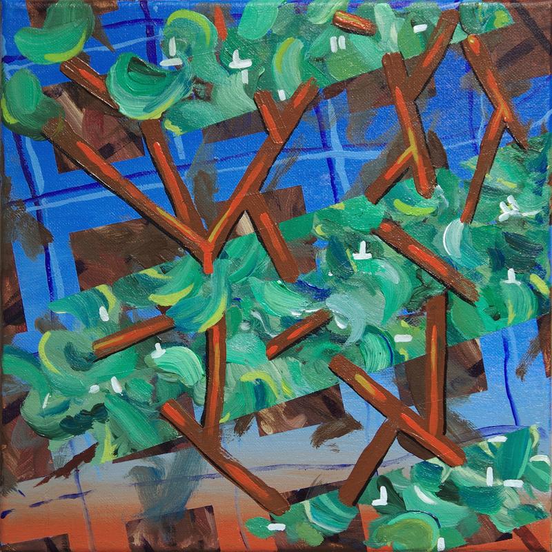 An abstracted landscape painting with blue grid background with swaths of green foliage-like bands linked by orange lines resembling branches.