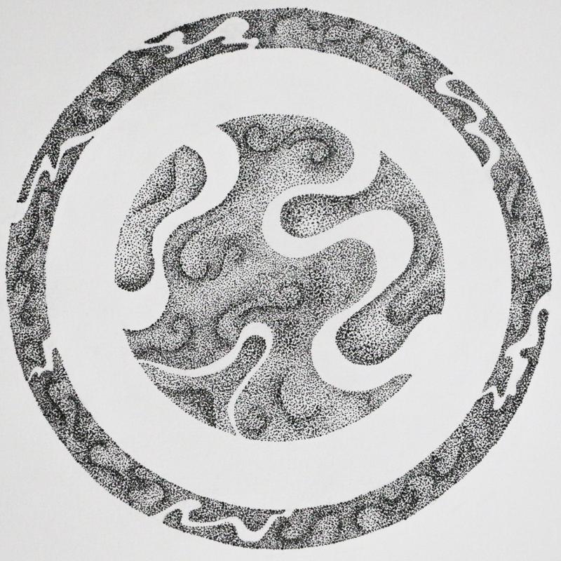 An abstract ink drawing of a thick concentric circle, filled in with stippling dots and negative white space.