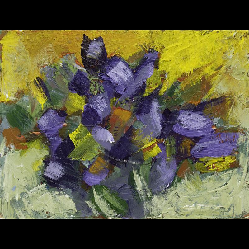Abstract Painting that evokes spring flowers. Purple and red energetic brush strokes on a background of bright yellow and orange.