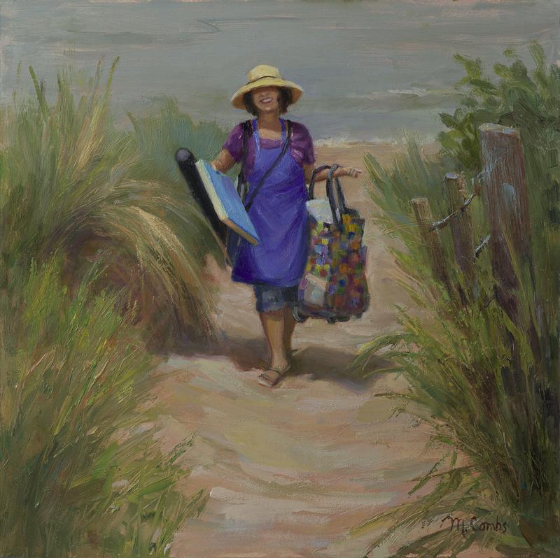 This is a self portrait. I'm carrying all my paint supplies on a beautiful summer day by the beach where I just finished painting!