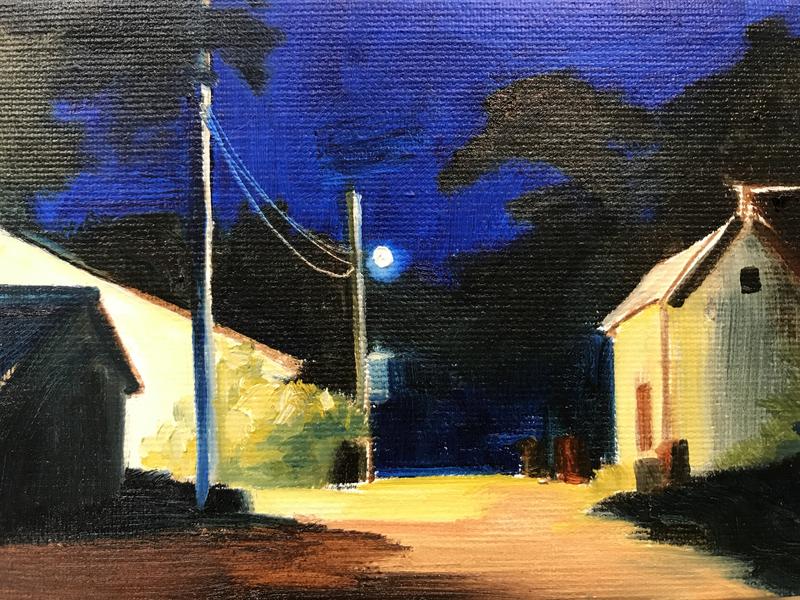 A painting of an ordinary alley at night, lit by a solitary garage light