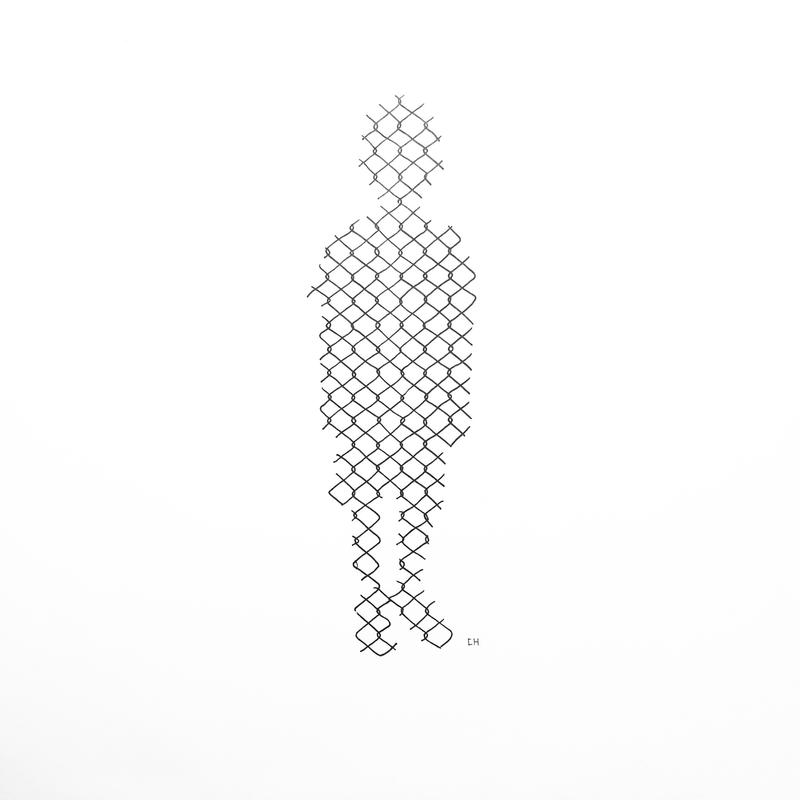 Child’s silhouette composed with black outlines of a cage fence