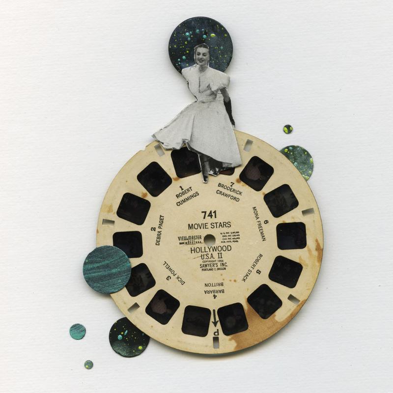 Mixed Media Collage of 1950's hollywood type sitting atop a circular ViewMaster reel Titles Move Stars, Hollywood. Space like circles balance out the area
