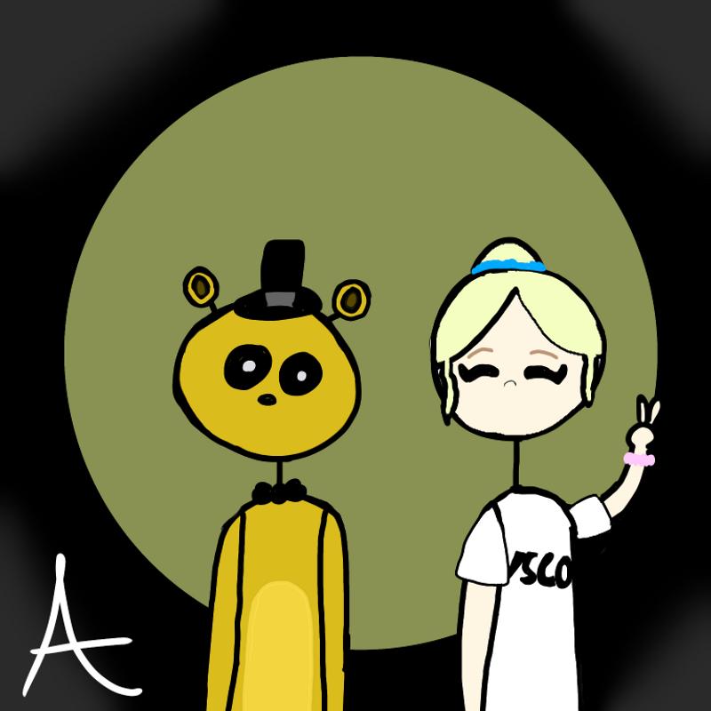 A yellow bear with a top hat and a bow tie and a blonde girl with her hair up with a scrunchie and a scrunchie on her wrist with a black and yellow background.