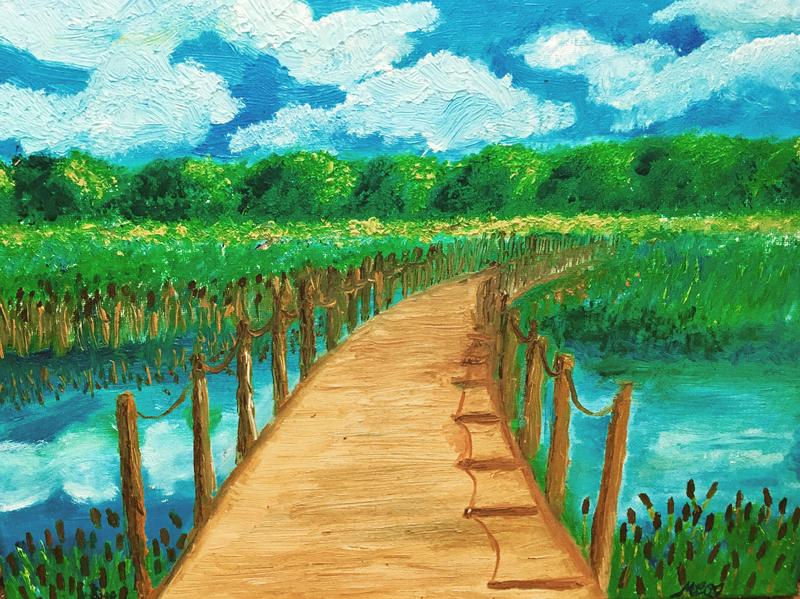 An oil painting of the floating wooden bridge that crosses Wood Lake Nature Center in Richfield, MN. The greens and golds reflected in the water capture the peace and beauty of late Summer in Minnesota.
