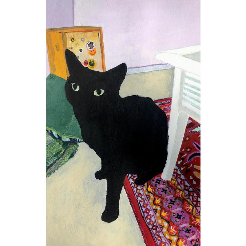 A painting of a black cat sitting on a colorful patterned rug.
