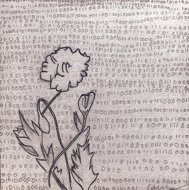 010100000110111011100000111000001111001 is an ink on raw canvas illustration depicting a still life of a poppy flower set on the foreground of the binary-Englilish translation of the word poppy, the most hardy and simultaneouly delicate flower. Flowers represent the renewal of life and connecteion while binary at its core is the most common way that we are relating to life in our current context. 