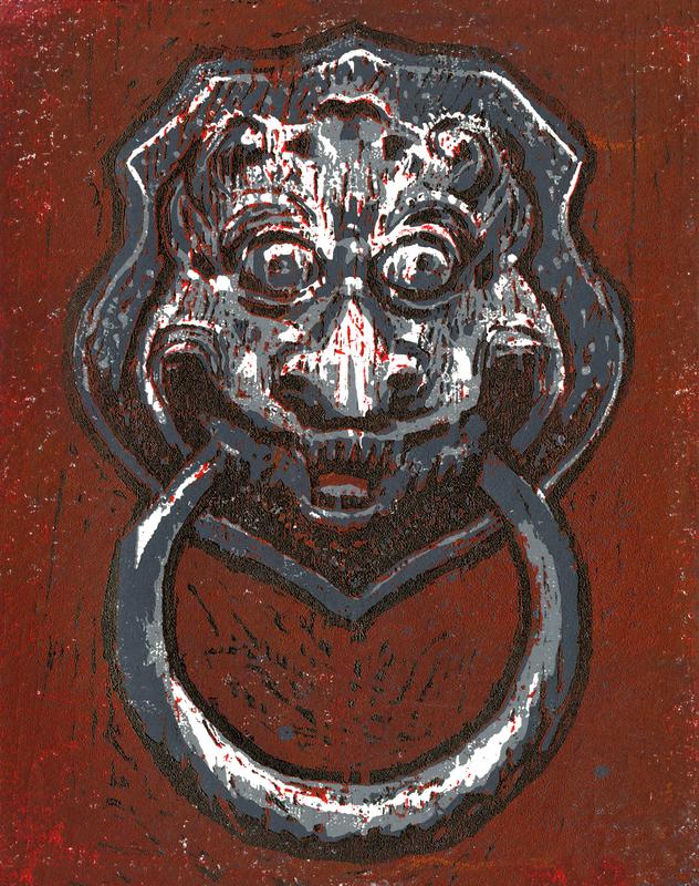 A brightly contrasting image of a lionhead door knocker in grayscale with a bright red background.