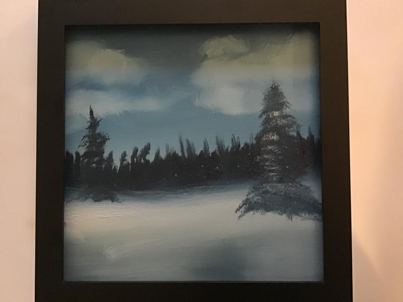 Winter Bliss: A winter scene painted in shades of blue, green and white depicting a distant pine forest with expanse of snow in the foreground and a blue sky with scattered clouds.