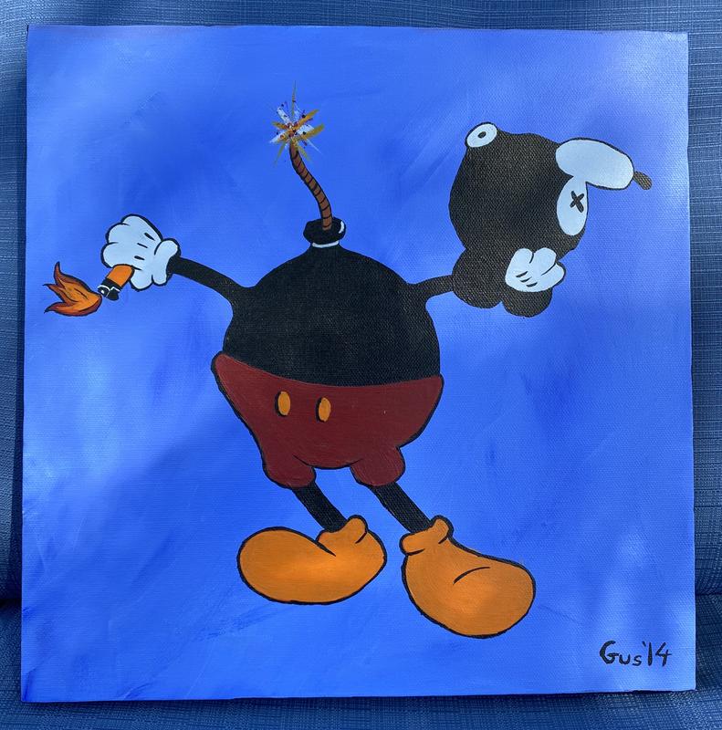 Acrylic painting of a Mickey Mouse type character with a cartoon cannonball body with lighter and lit fuze.