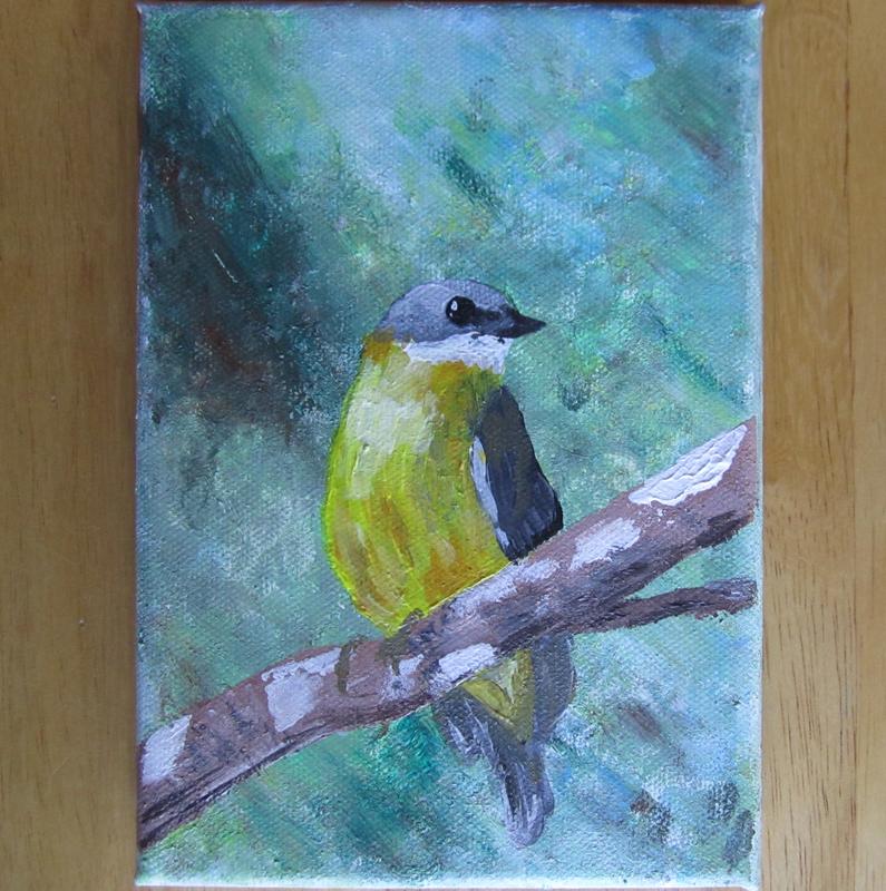 Painting of an Eastern Yellow Robin perched on a thin branch surrounded by the green of the tree