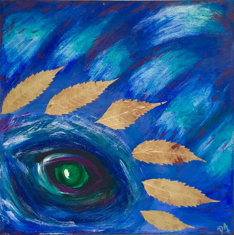 A mixed media painting of an eye emerging out of turbulent waters, with real fall leaves surrounding it, representing/creating an image like a hurricane.
