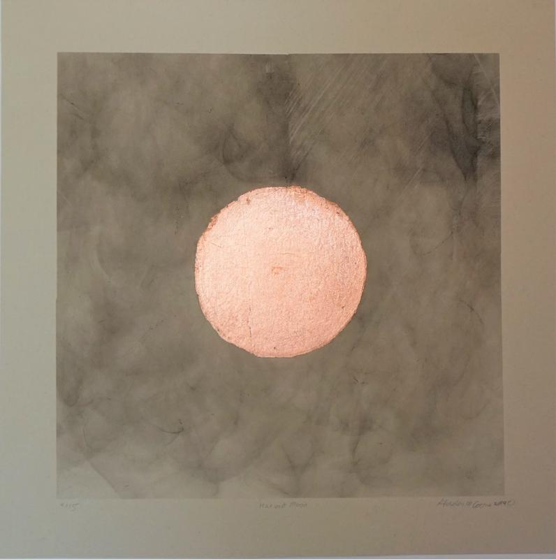Print edition of 15, cedar smoke fumes transferred to Annigoni paper, Copper leaf applied in a circle for the harvest moon.