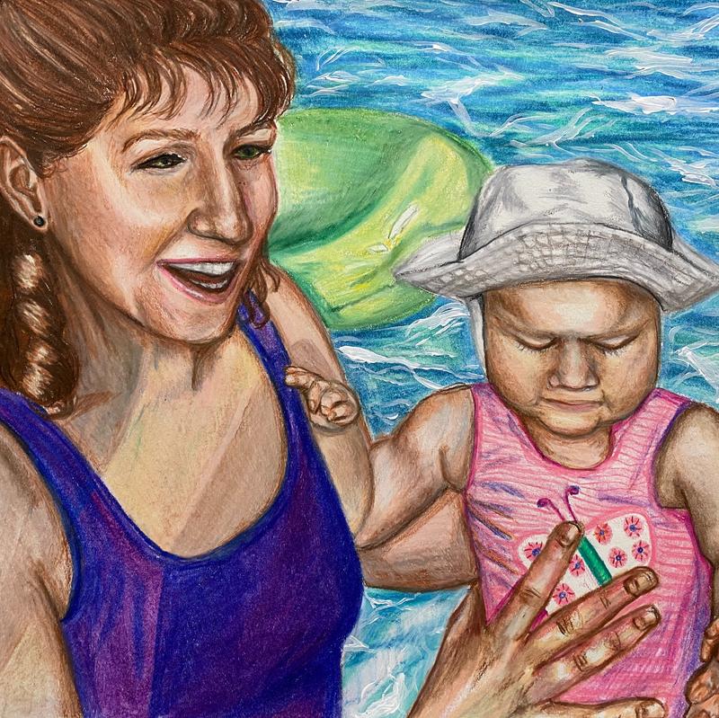 A colored pencil drawing of a happy mother holding her baby while they are swimming in a pool.