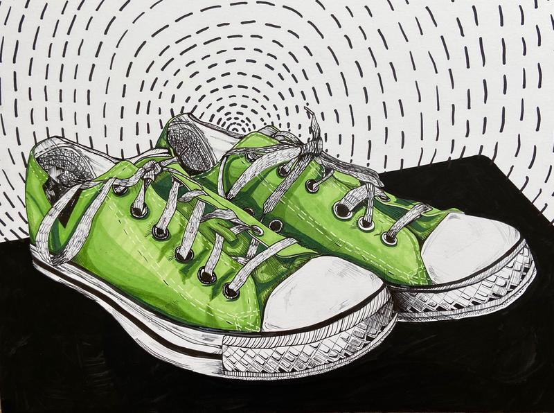 A drawing of a pair of beat-up green converse sitting on a black table with a dashed spiral pattern in the background.