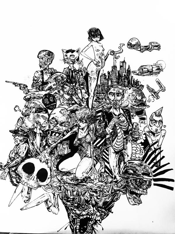 A black and white ink drawing of a mess of characters in different modes of expression melting together into a sort of vague monster with 3 different faces. Lots of loose sketchy lines to create value.