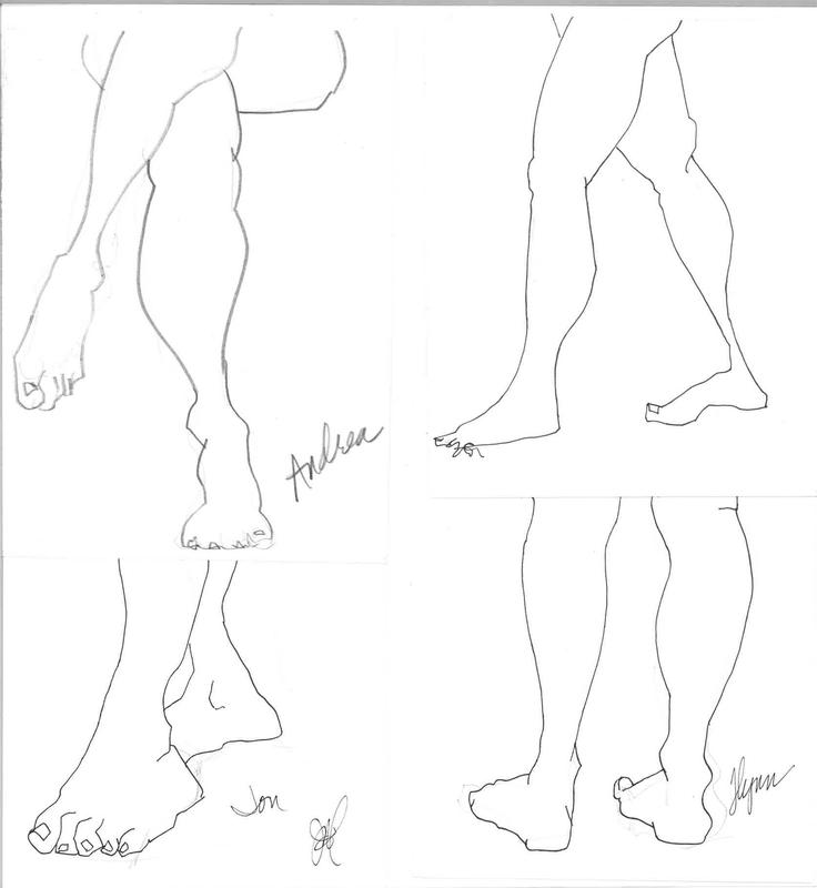 Four drawings of the lower extremities of four different life-drawing models. Each drawing occupies a quarter section of the composition. The graphite lines indicated volume and manipulation of proportion.