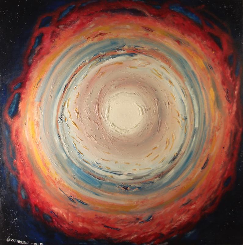 A square multicolored impasto painting of spiral receding towards the center of the frame.