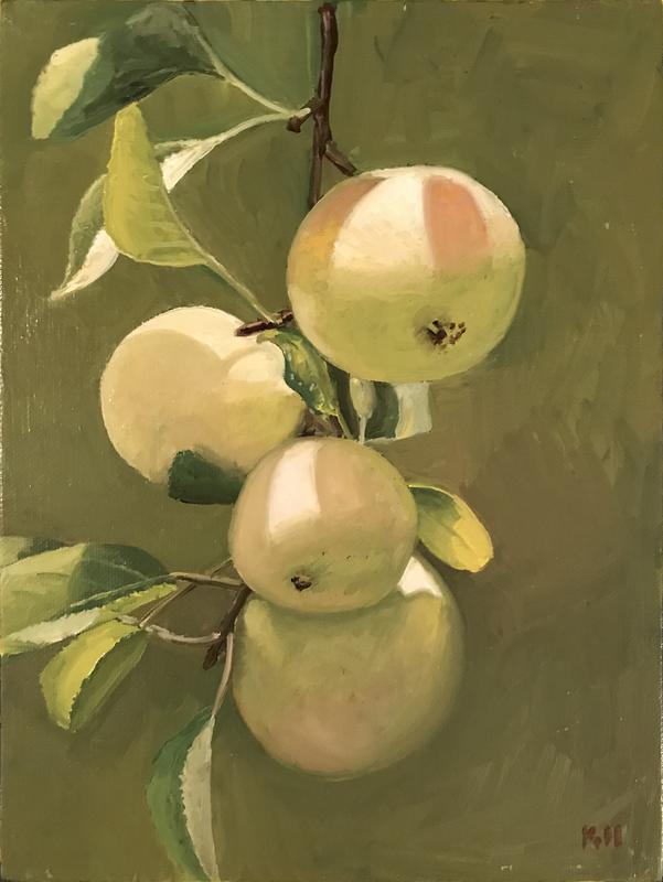 A painting of yellow apples on the tree with sun-dappled lighting.