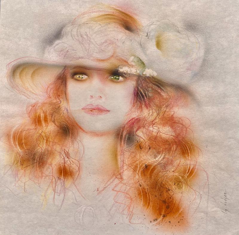 This painting of a young Laura with vivid green eyes, and flowing red hair, captures her adorned by a hat with white roses, just after she has voted to keep her country a democracy.,