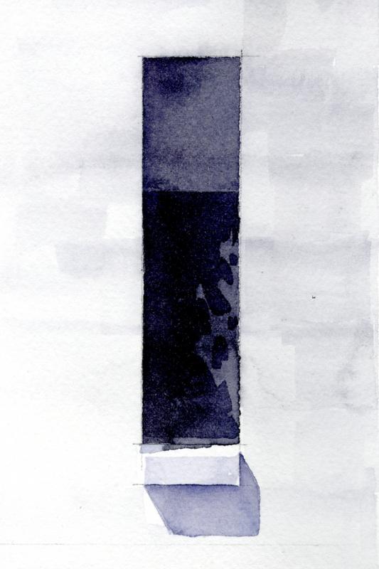 A painting of a tall and long window, centered on the paper. The warm sun drapes over the sill. The interior cannot be seen beyond the dark glass.