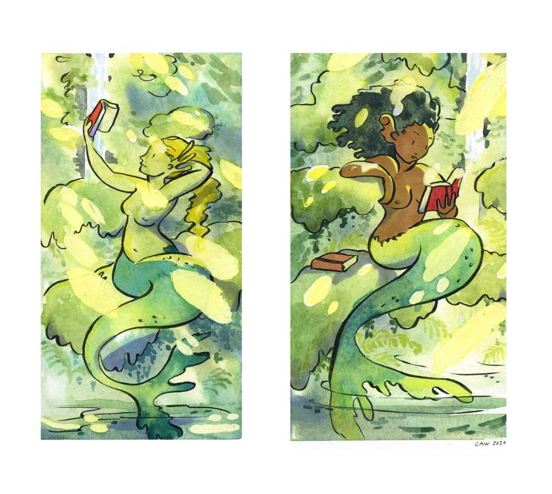 Two mermaids reading next to a lush verdant waterfall