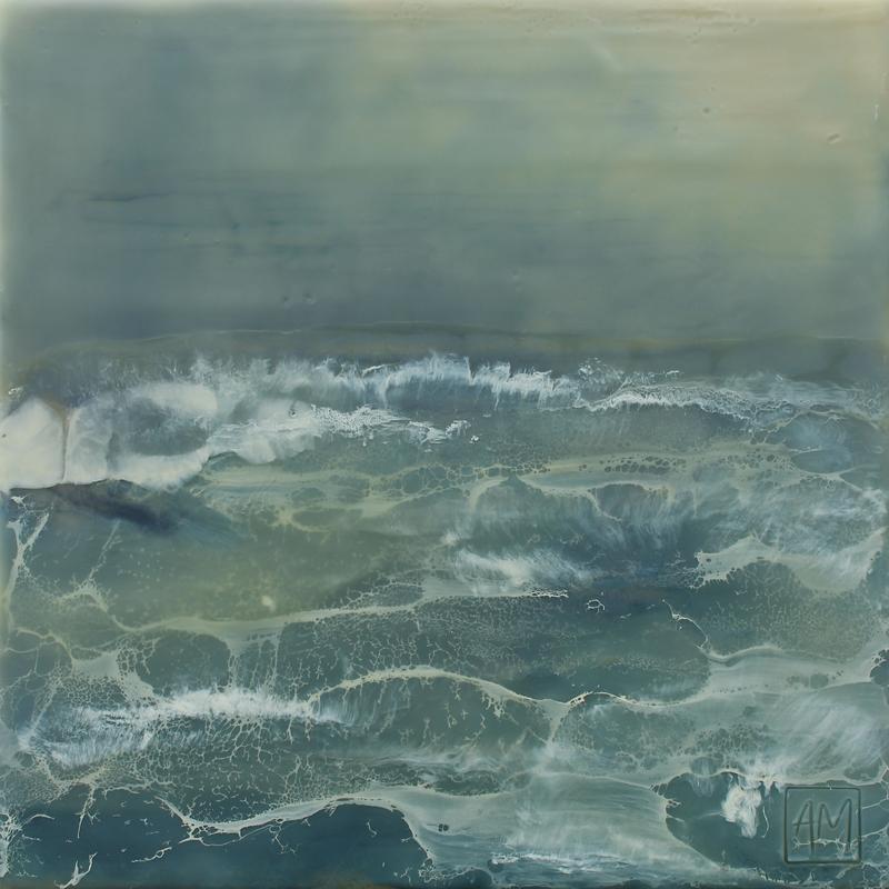 An encaustic (hot wax) painting of a stormy blue ocean and sky with whitecap waves and rough waters.