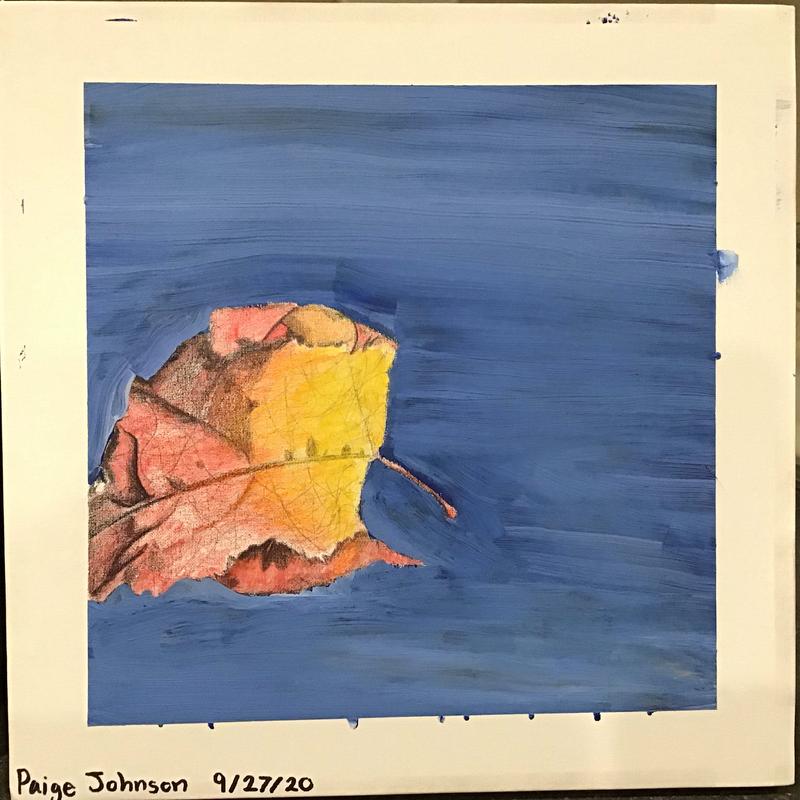 A painting of a colorful falling leaf in fall with a sky blue background.