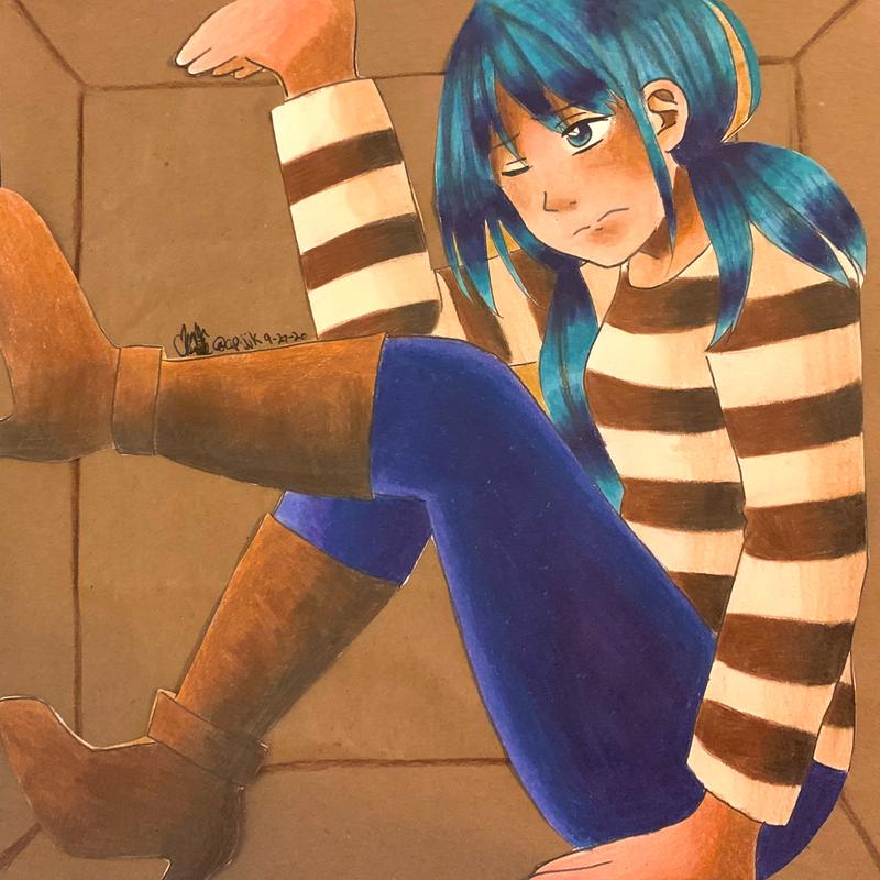 A drawing of a girl with teal hair trapped in a brown cardboard box, trying to push herself out.