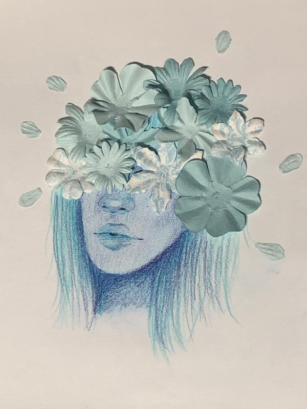 A drawing of a blue girls head covered in icy blue flowers.