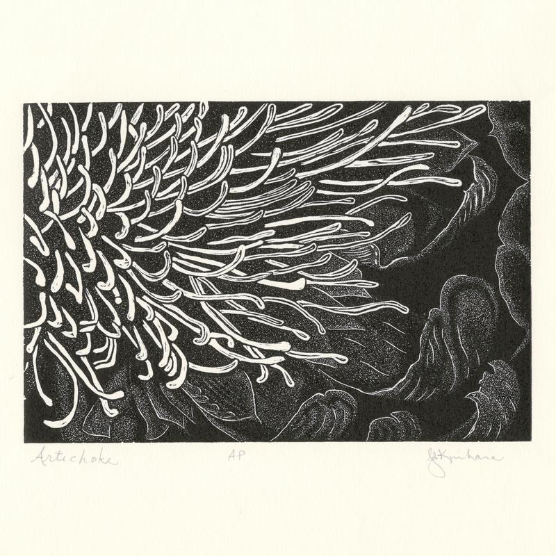 A wood engraving print of a close-up detailed view of an artichoke flower, showing the flower parts and surrounding leaves. Black ink on cream paper.