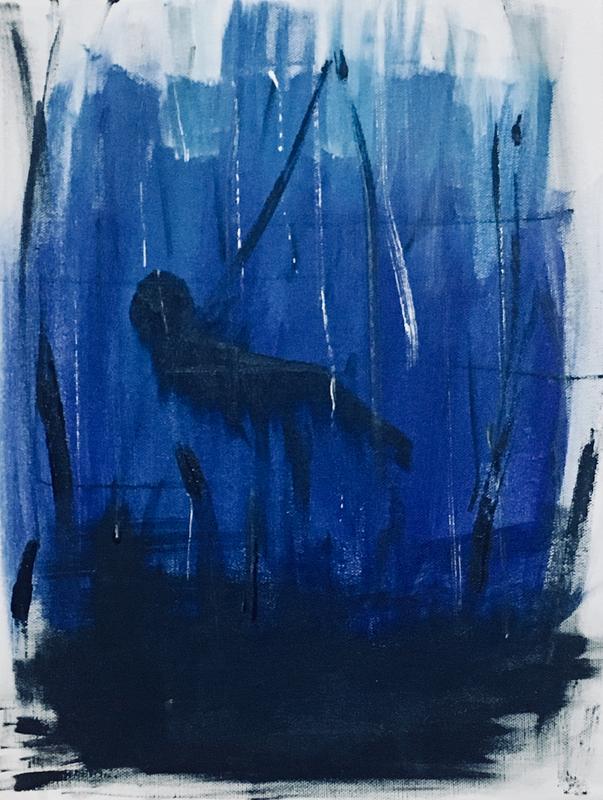 An abstract painting of a silhouette of a person submerged and sinking in water.
