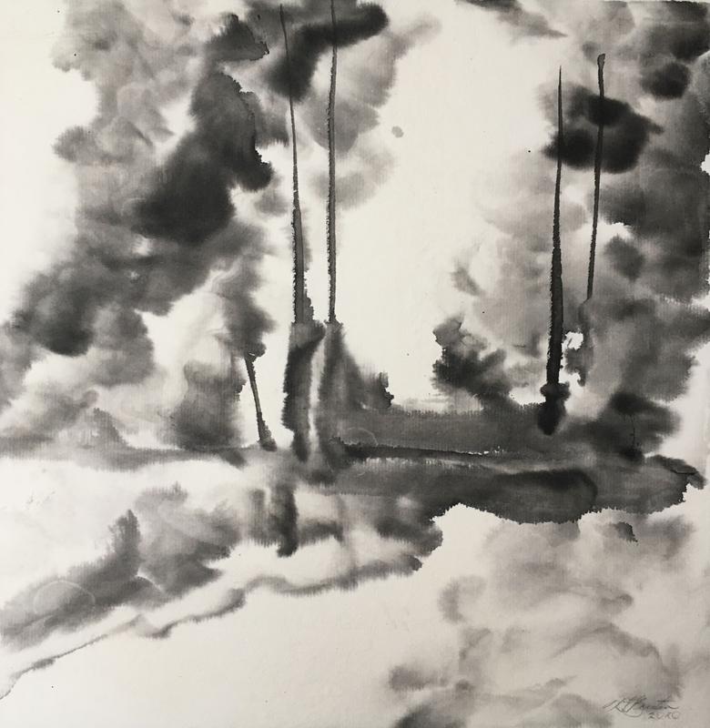 A painting in shades of black ink, showing tall deciduous trees in the distance on the left and right, with an opening between.