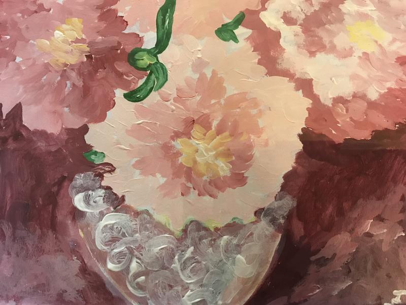 A painting of Peonies in a Vase, shades of pink.