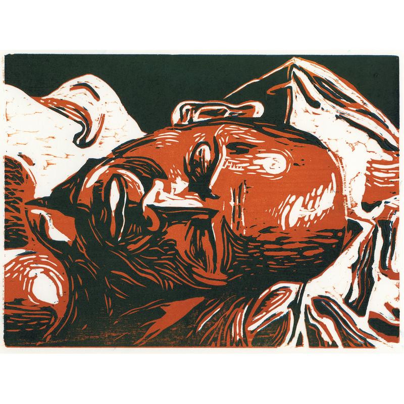 A woodcut portrait of a male figure at rest. His head takes up most of the frame, his brows are furrowed.